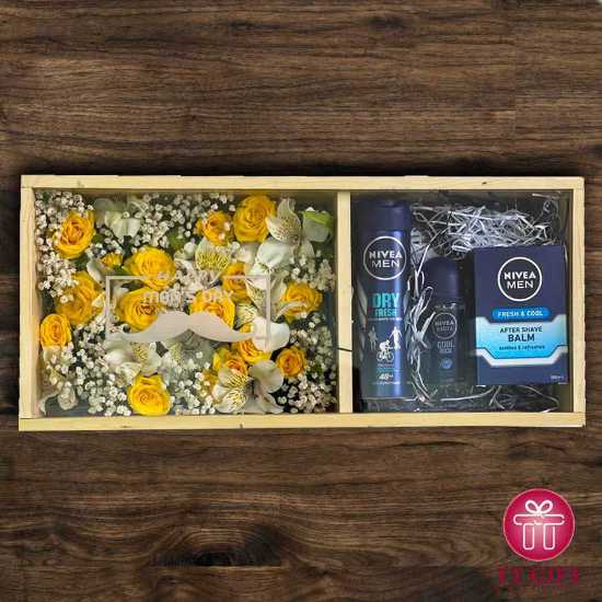 Yellow Miniature Rose and Gypsophila Flower Box with Nivea Men's Set