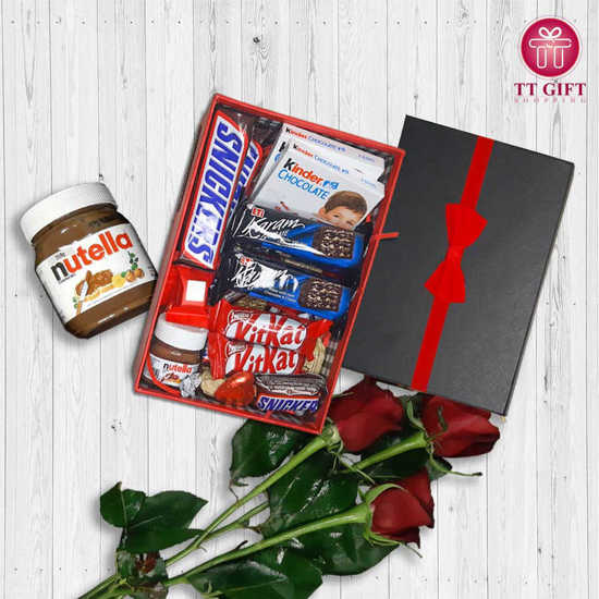 Package of chocolate, nutella and roses