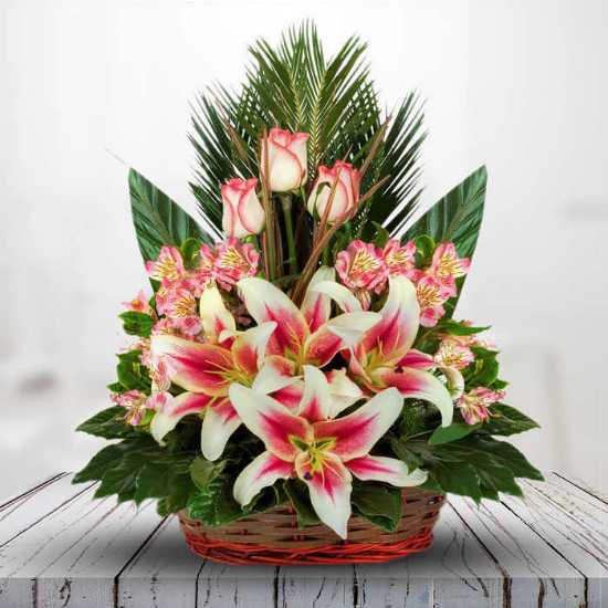 Pink Lily and Rose Flower Basket
