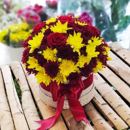 Autumn Red and yellow Rose and Chrysanthemums Flower Box