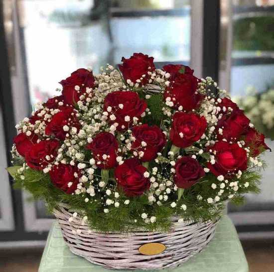 Andia Red Rose and Gypsophila Flower Basket