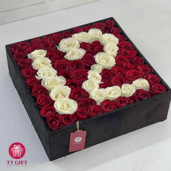 Square Flower Box with Red Rose and Numbers White Rose