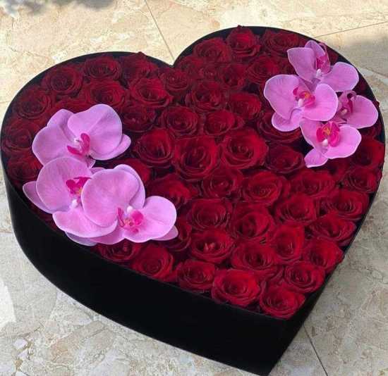 Atrin Luxury Heart Flower Box with Red Rose and Pink Orchid