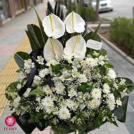 Nikoo White Anthurium and Chrysanthemum Funeral Flower Basket