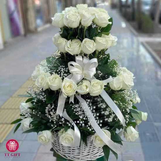 Sarina White Rose and Gypsophila Flower Basket for Birthday
