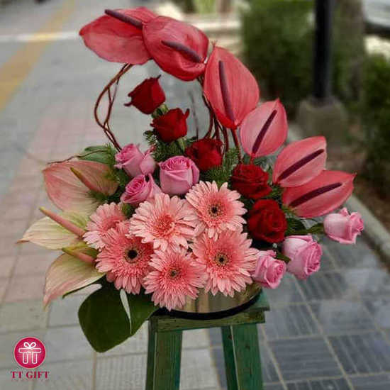 Satin Red and Pink Rose and Anthurium Flower Box