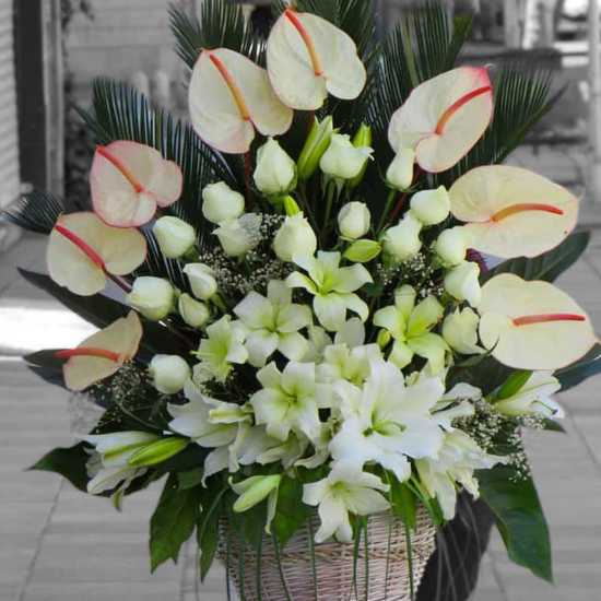 Niki Luxury White Rose and Lily Funeral Flower Basket