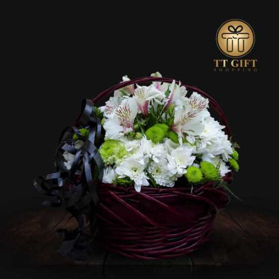 Delaram White Alstroemeria and Chrysanthemum Funeral Flower Basket