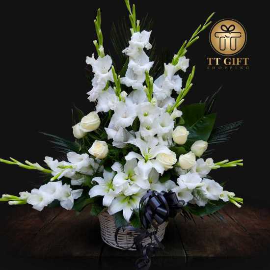 Mahan White Rose Lily and Gladiolus Funeral Flower Basket