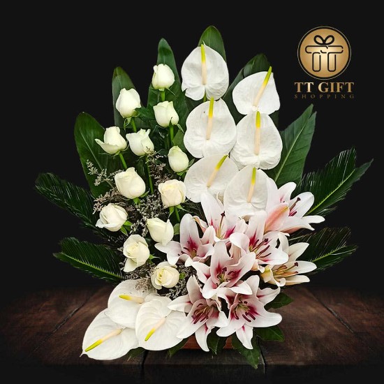 Mehr White Rose Oriental and Anthurium Flower Basket for Funeral