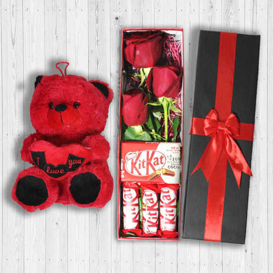 Red Rose Flower Box With Chocolate and Red Teddy Bear