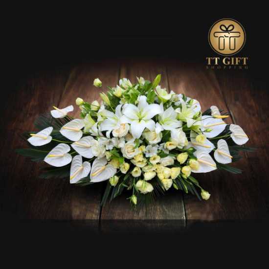 Tabletop White Anthurium Rose and Oriental Sympathy Flower Basket