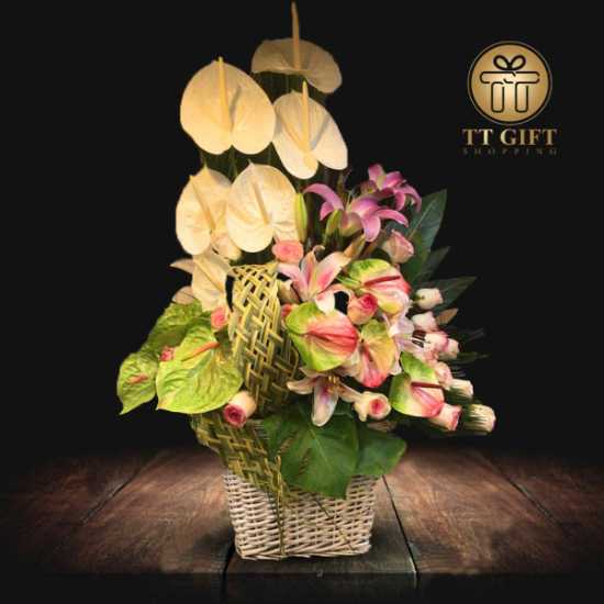 Sharan Anthurium and Rose Flower Basket for Opening