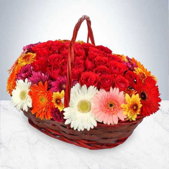 Red Rose and Gerbera Flower Basket