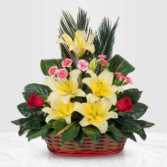 Taravat Yellow Oriental and Red Rose Flower Basket