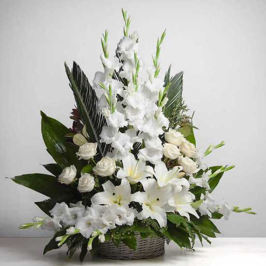 Pardis Gladiolus and White Rose Funeral Flower Basket