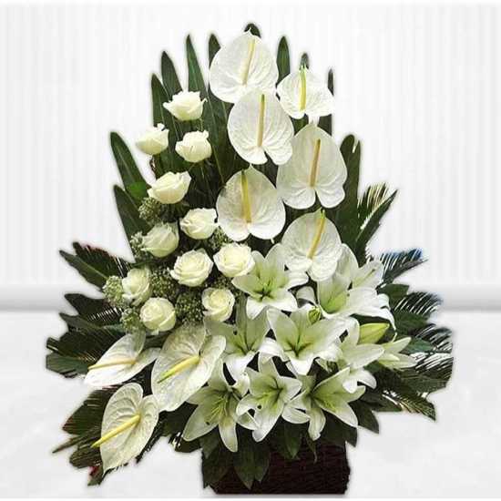 Azar White Rose Lily Anthurium Funeral Flower Basket