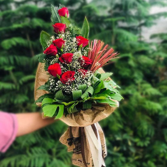 Cascading Red Rose and Gypsophila Flower Bouquet
