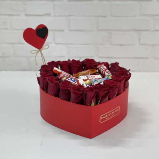 Heart-Shaped Flower Box of Red Rose and Chocolate