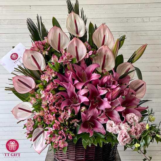 Thank You Pink Anthurium and Lily Flower Basket