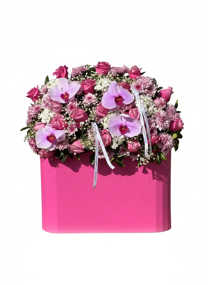 باکس گل رز و ارکیده لاکچری | Pink Orchid Majesty No.16 | پلتفرم سبز