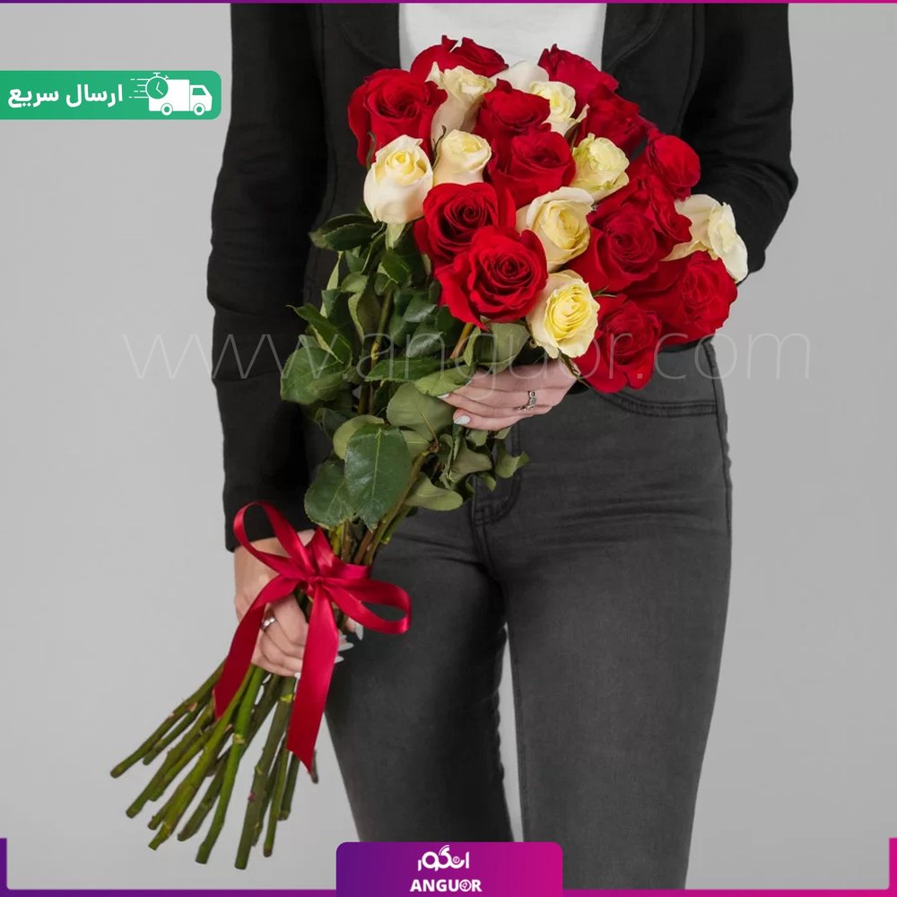 دسته گل رز سفید و قرمز 21 شاخه (رز هلندی)