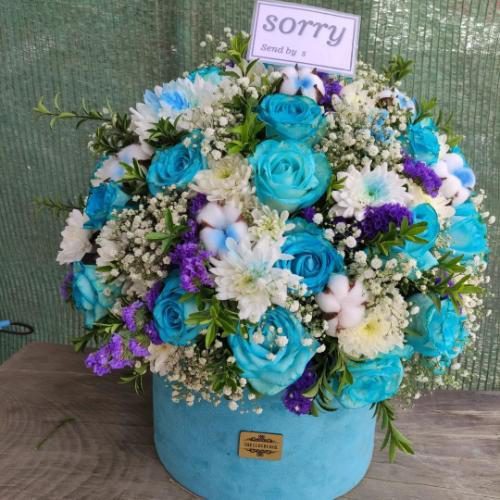 دسته گل رز ابی با ژیپسوفیلا 5761