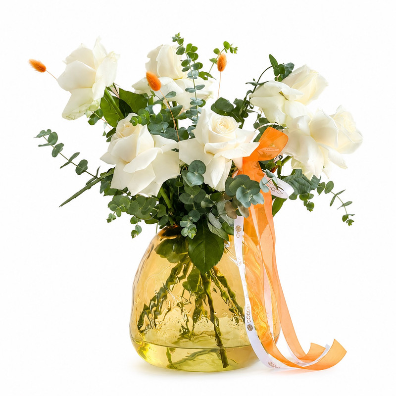 سبد گل رز طبیعی گل گیفت مدل گلدان شیشه ای روناک کد ۱۳۸۳