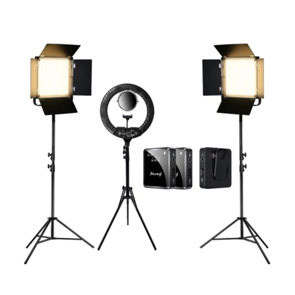 کیت تولید محتوا مدل AKT360 شامل رینگ لایت و نور فلات شیدر دار و میکروفون