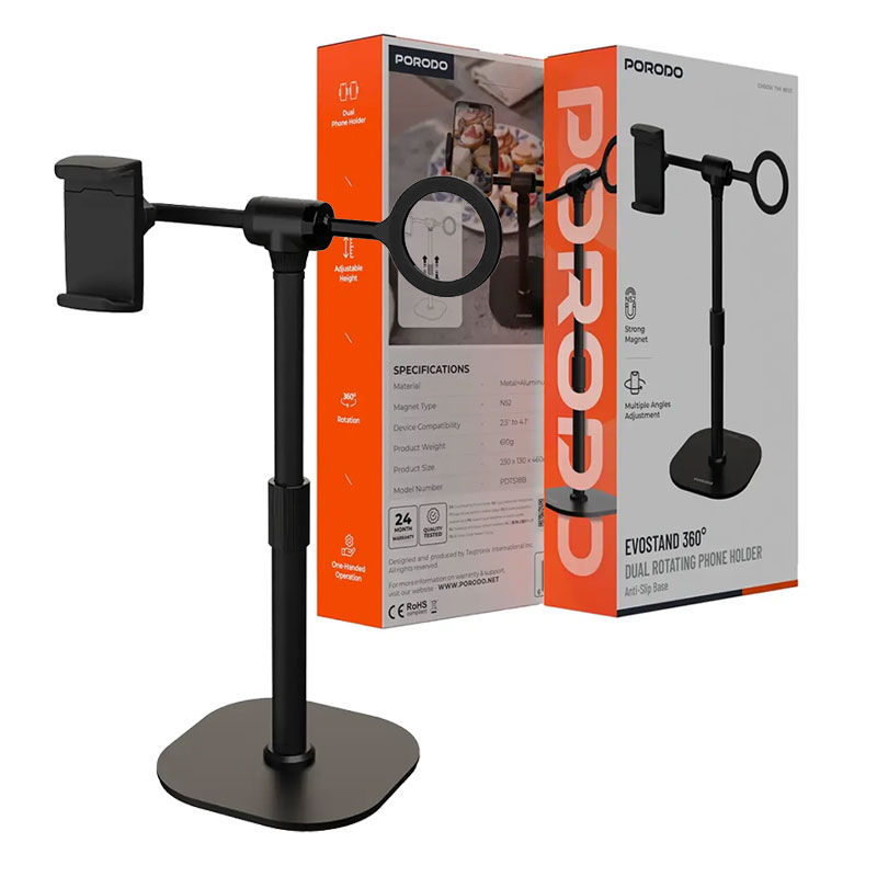 هولدرموبایل رومیزی 360 درجه پرودو مدل Porodo Evostand 360° Dual Rotating Phone Holder PDTS18B