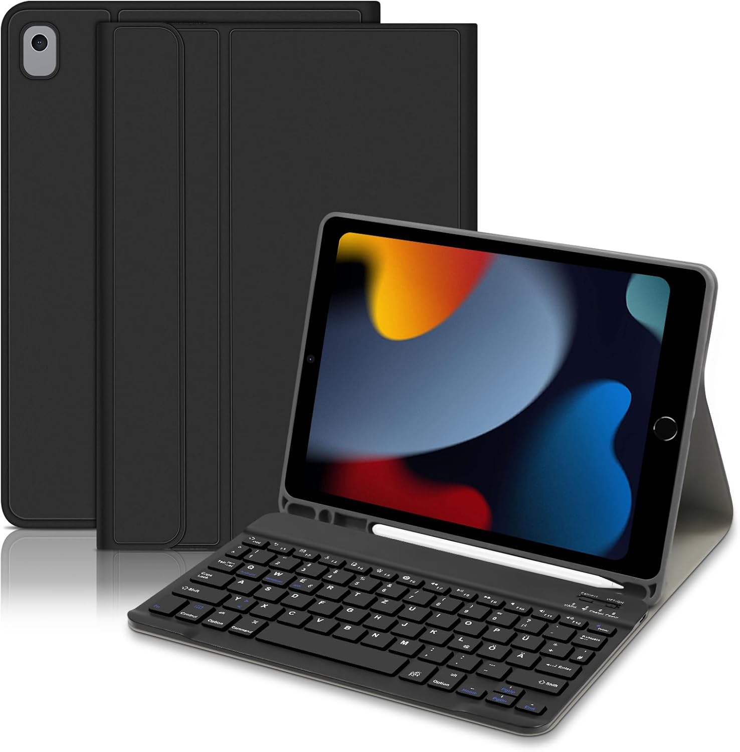 کیف کیبوردی برای آیپد 10.2 اینچ (نسل 9/8/7 – 2021/2020/2019) – کیبورد بلوتوث QWERTZ، کیف کیبورد مغناطیسی قابل جدا شدن با جای قلم برای آیپد ایر 3، پرو 10.5، مشکی