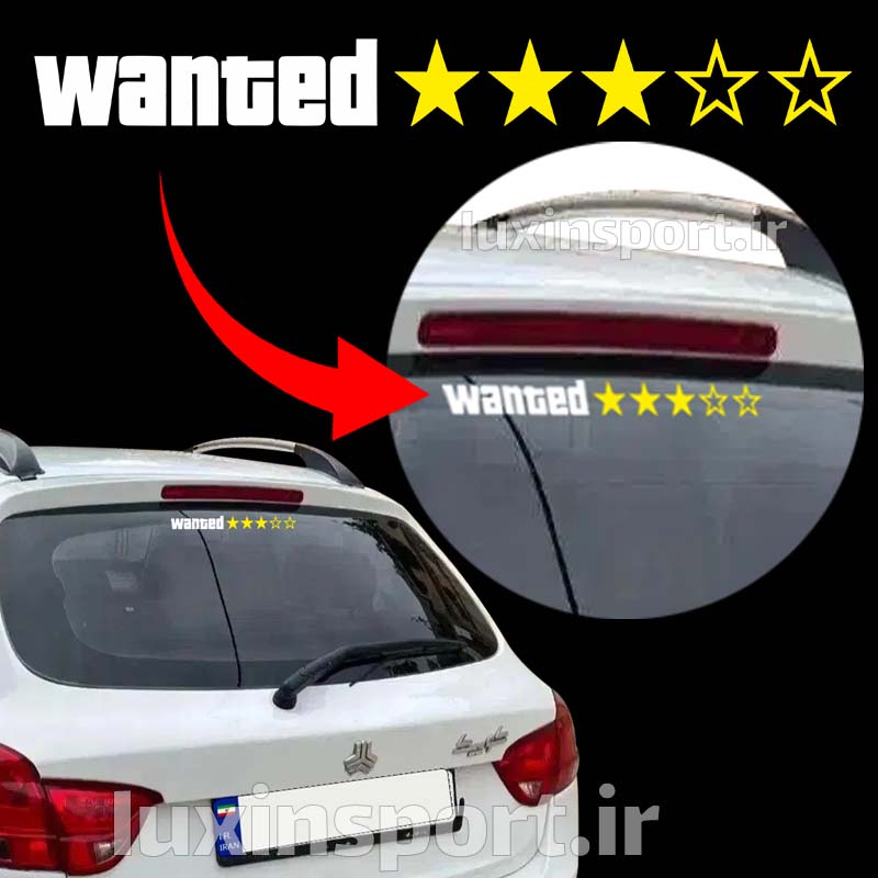 استیکر شیشه خودرو طرح جی‌تی‌ای wanted – سفید زرد – 28*3 سانت
