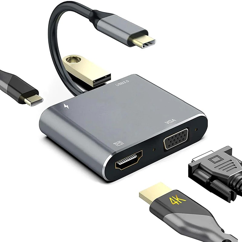 هاب 4 پورت تایپ سی به HDMI/VGA/Type-C/USB3.0 فلزی