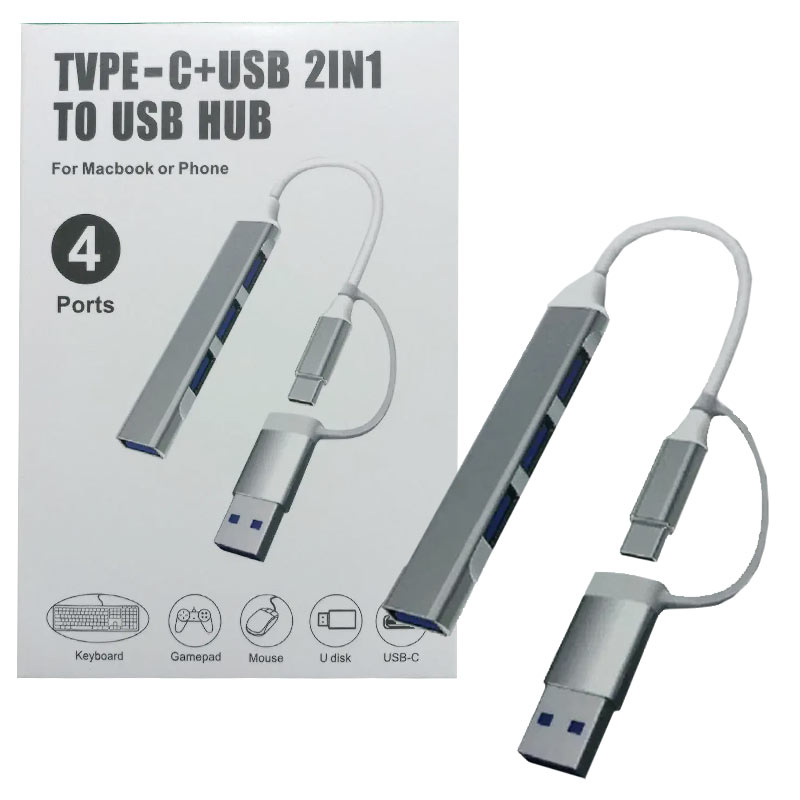 هاب 4پورت 3.0 USB با سر سوکت Type-c و USB پک سفید Type-C+USB 2in1 to Usb HUB