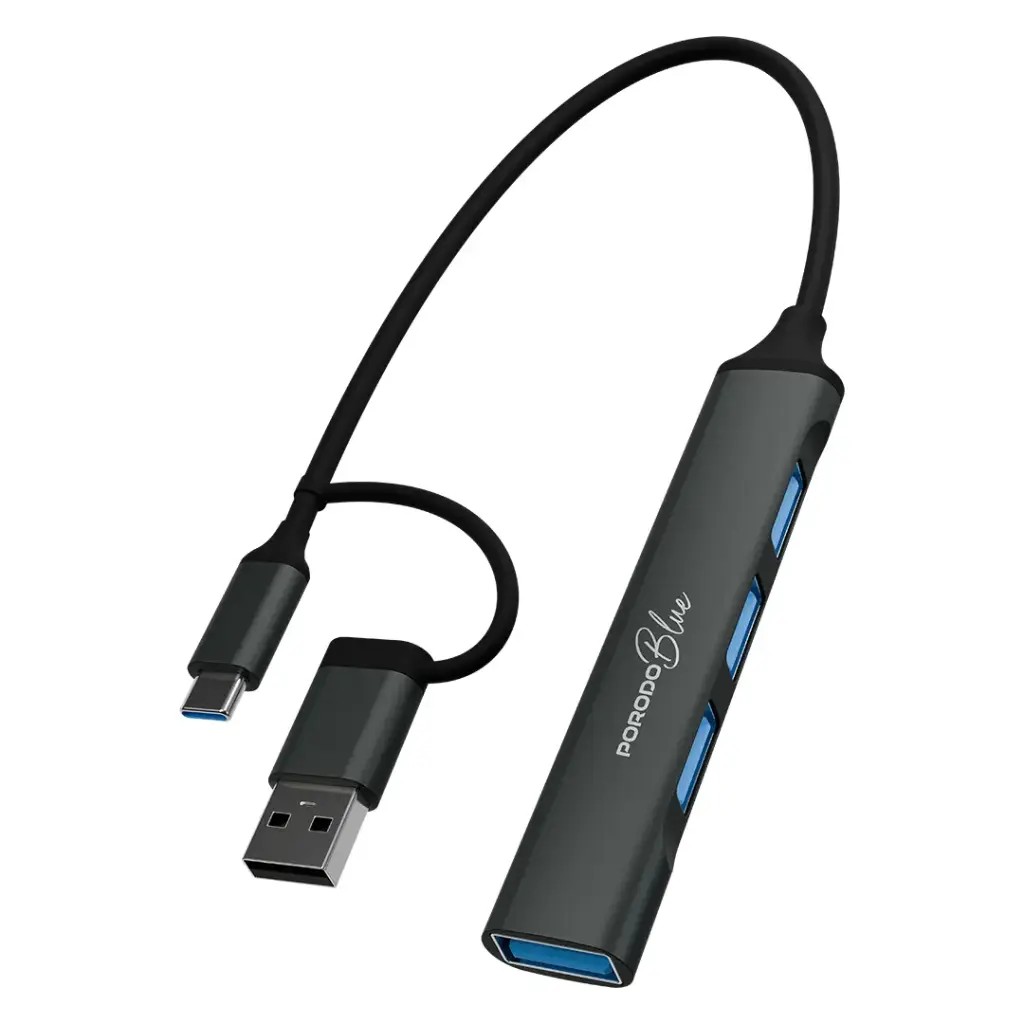 هاب 4 پورت دو سر USB-A و USB-C پرودو(PBHUB0019GY)Porodo Blue 4-In-1 Multi-Port USB Hub with USB-A and USB-C Heads – Gray