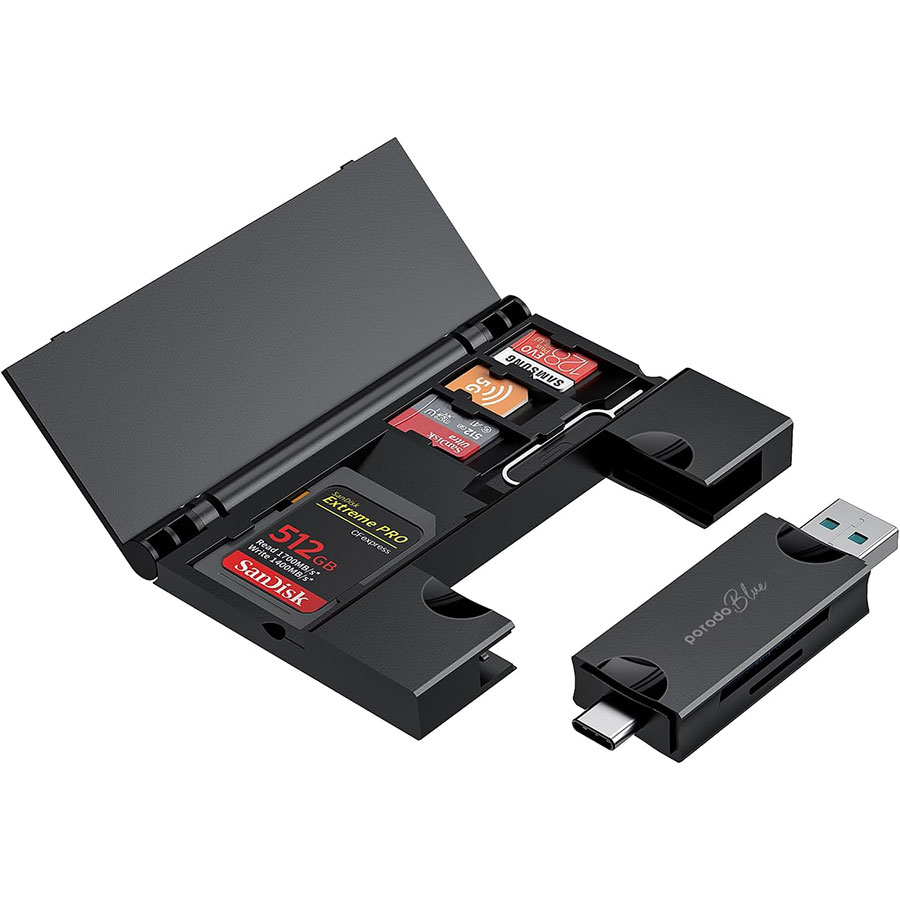 رم ریدر دوکاره پرودو با محفظه نگهدارنده Porodo Blue 2-in-1 Card Reader with Card Holder - موبی تول