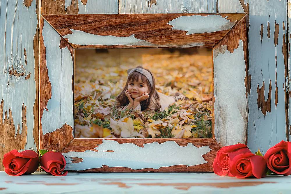 موکاپ قاب عکس چوبی پوسیده با گل رز