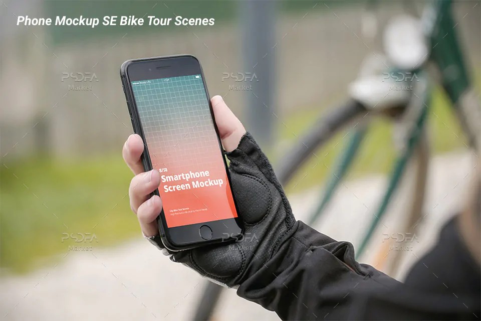 موکاپ موبایل آیفون SE در دست کنار دوچرخه و پارک iPhone SE Mockup