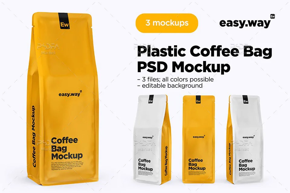 موکاپ پاکت قهوه در 3 نمای مختلف - Coffee Bags Mockups