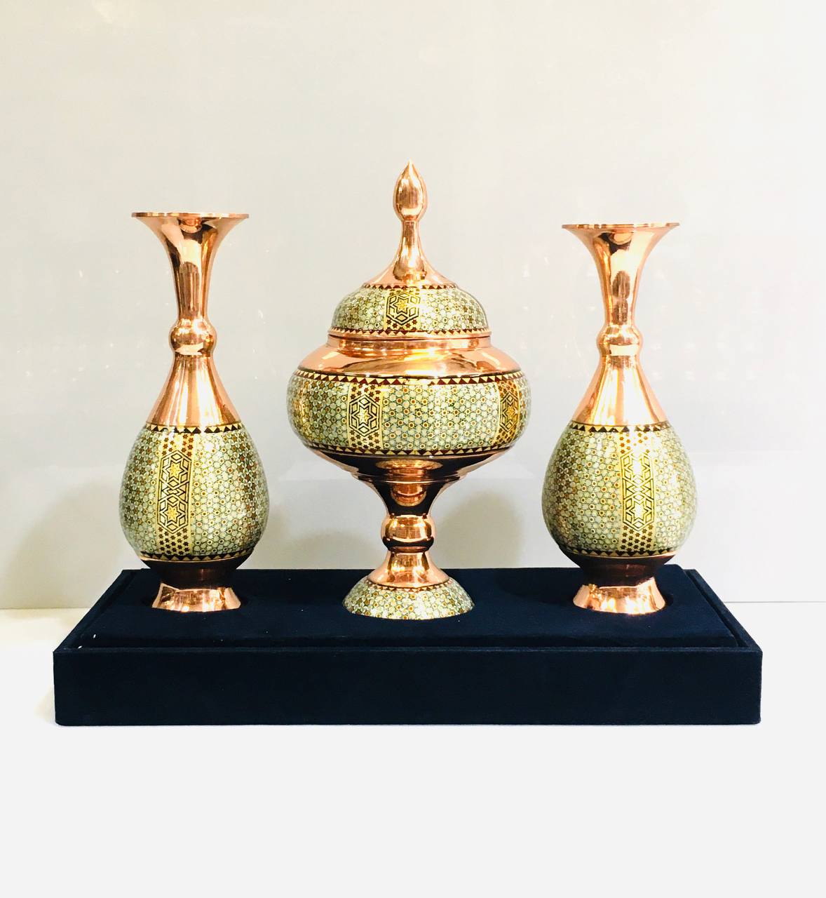 ست سه تایی مس و خاتم گلدون با شکلاتخوری