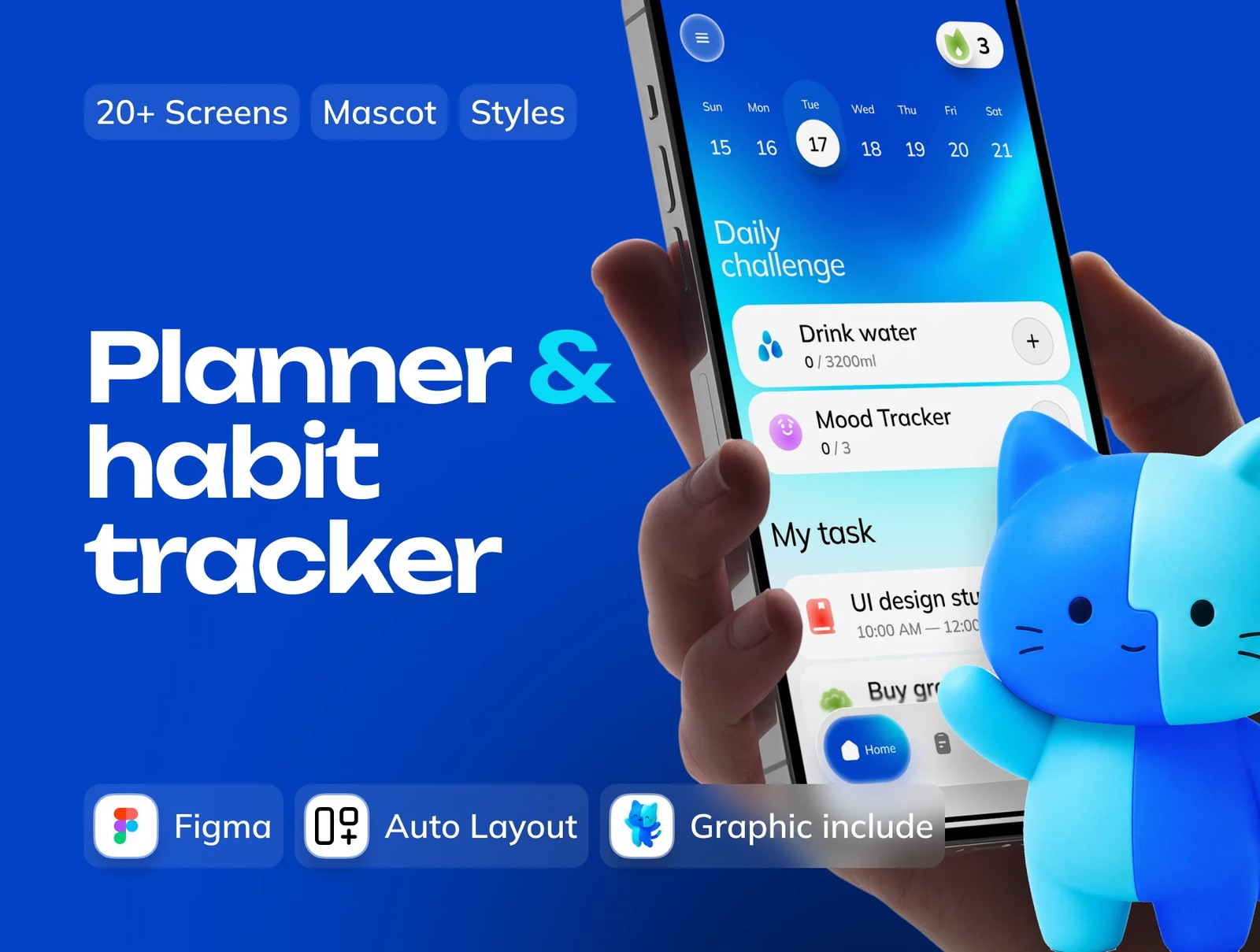 دانلود Planner & Habit Tracker Mobile App Design UI Kit with 3D Mascot