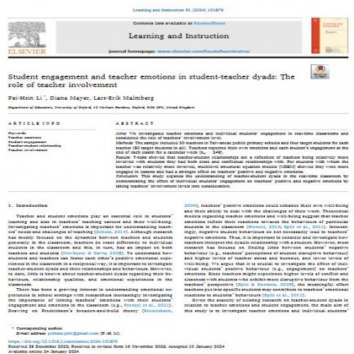 ترجمه مقاله Student engagement and teacher emotions in student-teacher dyads: The role of teacher involvement (2024) - اسمارت فایل