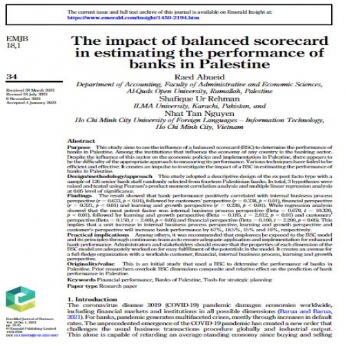 ترجمه مقاله The impact of balanced scorecard in estimating the performance of banks in Palestine (2022) - اسمارت فایل