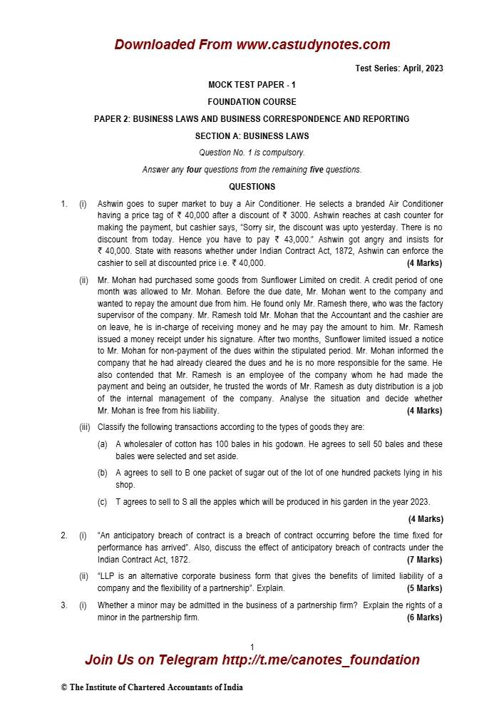 کتاب CA Foundation Law BCR Q MTP 1 June 2023 نسخه انگلیسی PDF