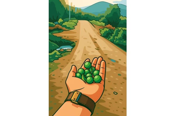 Hand holding green fruits on a country road - Vector illustration