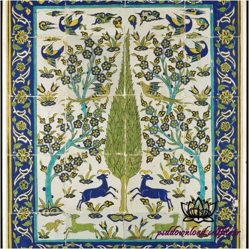 نمایی از کاشی لعاب دار قدیمی با نقش شکارگاه-کد 71 - اسمارت فایل