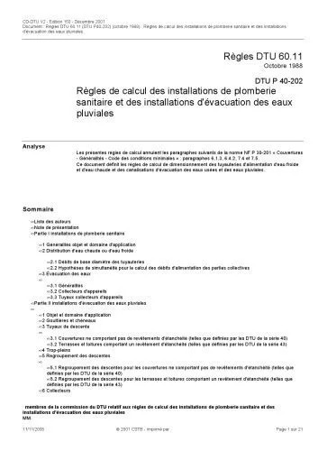 دانلود نسخه کامل کتاب DTU 60.11 Règles de calcul des installations de plomberie sanitaire et des installations d’évacuation des eaux pluviales