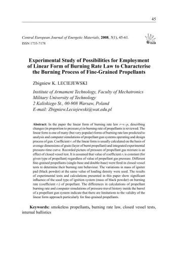 دانلود نسخه کامل کتاب Experimental study of possibilities for employment of linear form of burning rate law to characterise the burning process of fine-grained propellants