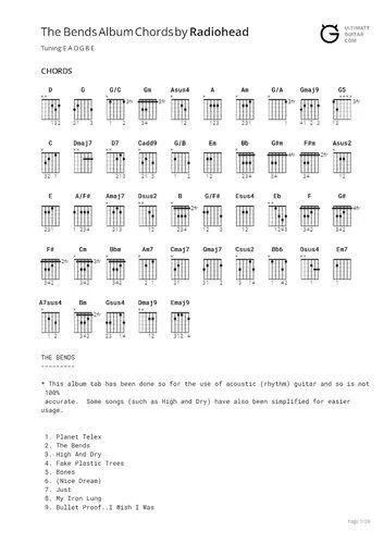دانلود نسخه کامل کتاب The Bends Album Chords by Radiohead