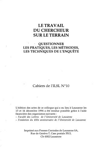 دانلود نسخه کامل کتاب Cahiers de l’ ILSL n° 10 : Le travail du chercheur sur le terrain : questionner les pratiques, les méthodes, les techniques de l’enquête